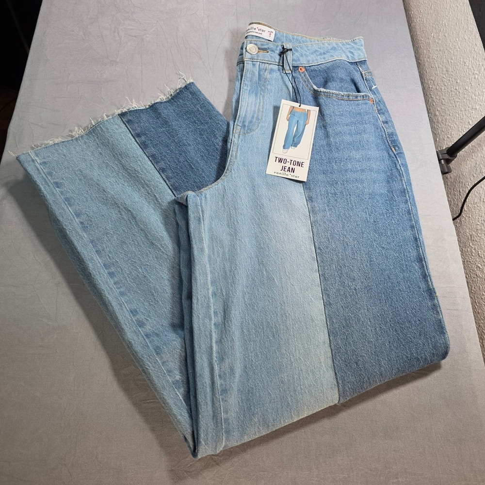Vanilla Star Two-Tone Wide Leg Jeans Blue Colorblock Baggy Raw Hem Womens 7 NEW